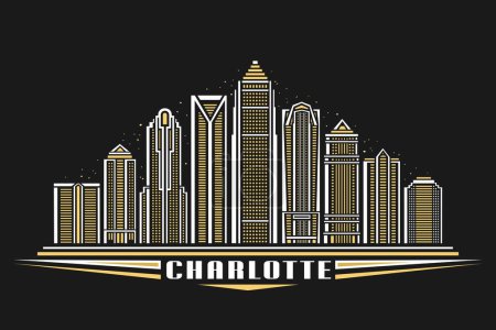 Illustration for Vector illustration of Charlotte, dark poster with simple linear design famous charlotte city scape on dusk sky background, american urban line art concept with decorative lettering for text charlotte - Royalty Free Image