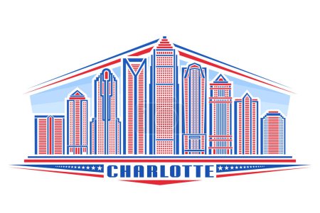 Illustration for Vector illustration of Charlotte, horizontal badge with simple linear design famous charlotte city scape on day sky background, urban line art concept with decorative unique letters for text charlotte - Royalty Free Image