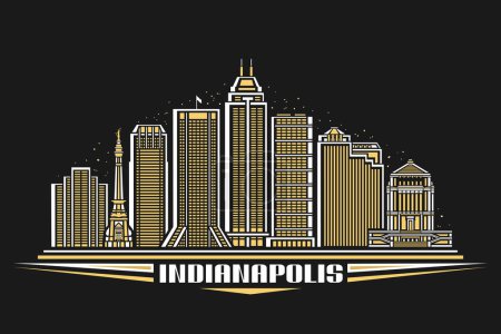 Illustration for Vector illustration of Indianapolis, dark card with simple linear design famous indianapolis city scape on dusk sky background, urban line art concept with decorative lettering for text indianapolis - Royalty Free Image