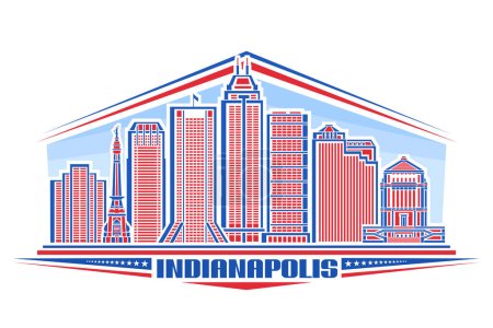 Illustration for Vector illustration of Indianapolis, horizontal badge with linear design famous indianapolis city scape on day sky background, red urban line art concept with unique letters for blue text indianapolis - Royalty Free Image