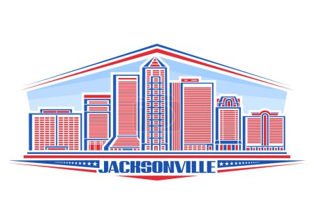 Illustration for Vector illustration of Jacksonville, horizontal badge with linear design famous jacksonville city scape on day sky background, red urban line art concept with unique letters for blue text jacksonville - Royalty Free Image