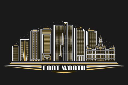 Illustration for Vector illustration of Fort Worth, dark card with linear design famous american city scape on dusk sky background, modern urban line art concept with decorative lettering for white text fort worth - Royalty Free Image