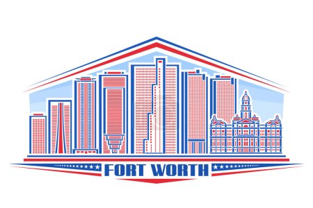 Illustration for Vector illustration of Fort Worth, horizontal badge with linear design famous jacksonville city scape on day sky background, red urban line art concept with unique lettering for blue text fort worth - Royalty Free Image