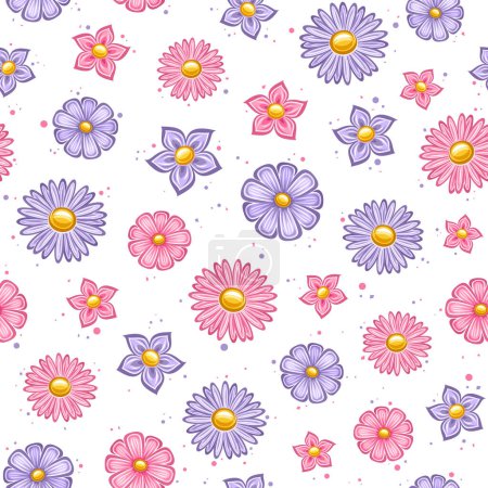 Illustration for Vector Holiday Flowers Seamless Pattern, square repeating background with set of cut out illustrations violet petunia flower and rose color march daisy, decorative various flowers on white background - Royalty Free Image