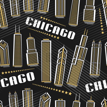 Ilustración de Vector Chicago Seamless Pattern, fondo cuadrado repetido con ilustración del famoso paisaje de la ciudad de Chicago sobre fondo oscuro para papel de envolver, póster urbano de arte de línea decorativa con texto blanco chicago - Imagen libre de derechos