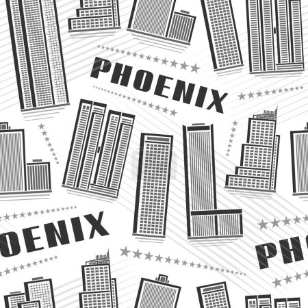 Illustration for Vector Phoenix Seamless Pattern, square repeat background with illustration of famous phoenix city scape on white background for wrapping paper, monochrome line art urban poster with dark text phoenix - Royalty Free Image