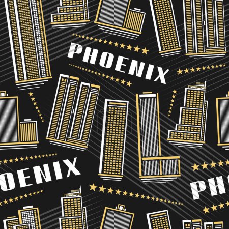 Illustration for Vector Phoenix Seamless Pattern, repeating background with illustration of famous phoenix city scape on dark background for wrapping paper, decorative line art urban placard with white text phoenix - Royalty Free Image