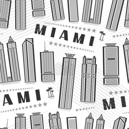 Ilustración de Vector Miami Seamless Pattern, square repeating background with illustration of famous miami city scape on white background for wrapping paper, monochrome line art urban poster with dark text miami - Imagen libre de derechos