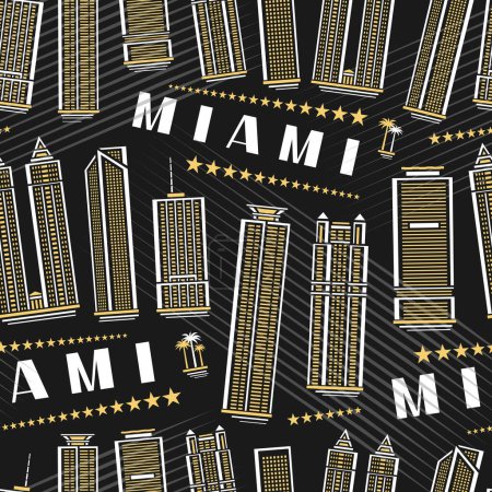 Ilustración de Vector Miami Seamless Pattern, square repeating background with illustration of famous miami city scape on dark background for wrapping paper, decorative line art urban poster with white text miami - Imagen libre de derechos