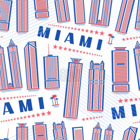 Ilustración de Vector Miami Seamless Pattern, square repeat background with illustration of red famous miami city scape on white background for wrapping paper, decorative line art urban poster with blue text miami - Imagen libre de derechos