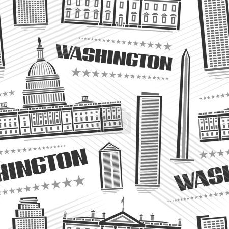 Illustration for Vector Washington Seamless Pattern, square repeat background with illustration of famous washington city scape on white background for wrapping paper, line art urban poster with dark text washington - Royalty Free Image