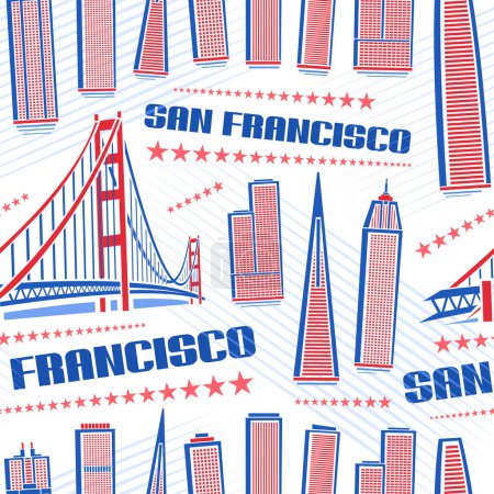 Ilustración de Vector San Francisco Seamless Pattern, square repeating background with illustration of red famous city scape on white background for wrapping paper, line art urban poster with blue text san francisco - Imagen libre de derechos