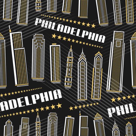 Téléchargez les illustrations : Vector Philadelphia Seamless Pattern, repeat background with illustration of famous philadelphia city scape on dark background for wrapping paper, line art urban placard with white text philadelphia - en licence libre de droit