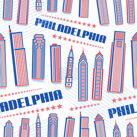 Téléchargez les illustrations : Vector Philadelphia Seamless Pattern, square repeat background with illustration of famous philadelphia city scape on white background for wrapping paper, line art urban poster with text philadelphia - en licence libre de droit