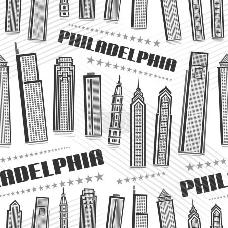 Téléchargez les illustrations : Vector Philadelphia Seamless Pattern, repeating background with illustration of famous philadelphia city scape on white background for wrapping paper, line art urban poster with dark text philadelphia - en licence libre de droit