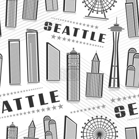 Téléchargez les illustrations : Vector Seattle Seamless Pattern, square repeat background with illustration of famous seattle city scape on white background for wrapping paper, monochrome line art urban poster with dark text seattle - en licence libre de droit