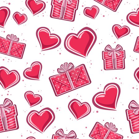 Illustration for Vector Valentine's Day seamless pattern, repeating background with set of various contour valentines hearts, red gift boxes with bows and decorative confetti on white background for romantic bed linen - Royalty Free Image