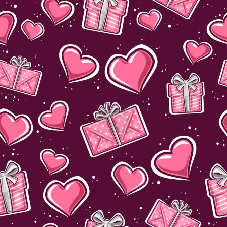 Illustration for Vector Valentine's Day seamless pattern, square repeating background with set of variety contour valentines hearts, red gift boxes with bows and decorative confetti on dark background for bed linen - Royalty Free Image