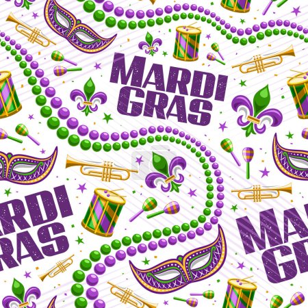 Illustration for Vector Mardi Gras seamless pattern, repeat background with illustrations of fleur de lis symbol, venice mask, colorful beads, music instruments, text mardi gras on white background for wrapping paper - Royalty Free Image