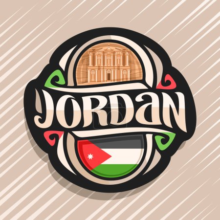 Ilustración de Logotipo vectorial para el país de Jordania, imán de nevera con bandera del estado de Jordania, tipo de pincel original para palabra jordan y símbolo nacional jordano - Monasterio en la antigua ciudad Petra sobre fondo de roca roja - Imagen libre de derechos