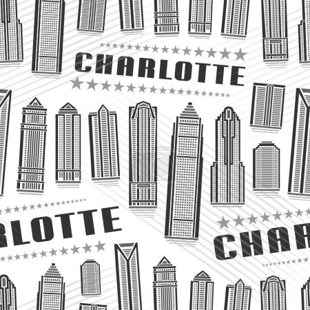 Illustration for Vector Charlotte Seamless Pattern, repeat background with illustration of famous charlotte city scape on white background for wrapping paper, monochrome line art urban poster with black text charlotte - Royalty Free Image