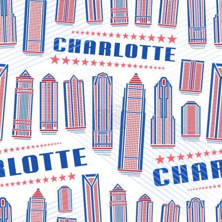 Illustration for Vector Charlotte Seamless Pattern, repeating background with illustration of red charlotte city scape on white background for wrapping paper, decorative line art urban poster with blue text charlotte - Royalty Free Image