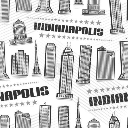 Illustration for Vector Indianapolis Seamless Pattern, repeating background with illustration of famous indianapolis city scape on white background for wrapping paper, line art urban poster with dark text indianapolis - Royalty Free Image