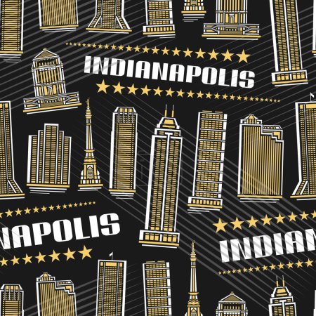 Illustration for Vector Indianapolis Seamless Pattern, repeating background with illustration of indianapolis city scape on dark background for wrapping paper, decorative line art urban poster with text indianapolis - Royalty Free Image