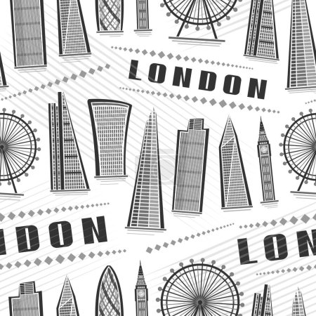 Téléchargez les illustrations : Vector London Seamless Pattern, fond carré de répétition avec illustration du paysage urbain londonien européen sur fond blanc pour papier d'emballage, affiche urbaine décorative en ligne avec texte noir Londres - en licence libre de droit