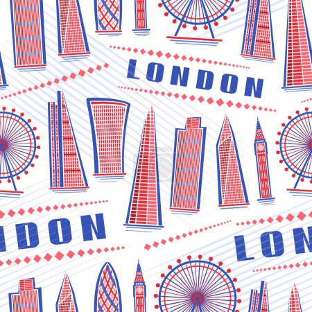 Téléchargez les illustrations : Vector London Seamless Pattern, fond répétitif avec illustration du paysage urbain londonien rouge sur fond blanc pour papier d'emballage, affiche urbaine décorative en ligne avec texte bleu Londres - en licence libre de droit