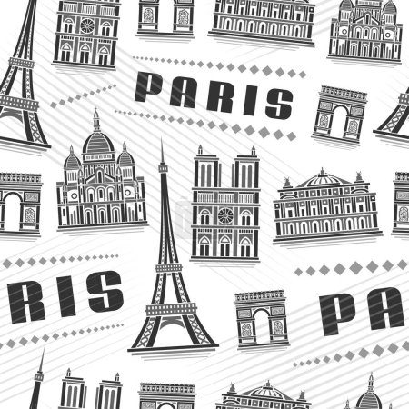 Illustration for Vector Paris Seamless Pattern, square repeat background with illustration of decorative paris city scape on white background for wrapping paper, monochrome line art urban poster with black text paris - Royalty Free Image