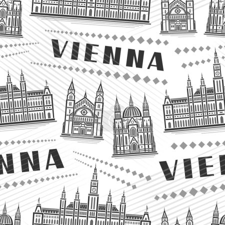 Ilustración de Vector Vienna Seamless Pattern, square repeat background with illustration of famous vienna city scape on white background for wrapping paper, monochrome line art urban poster with black text vienna - Imagen libre de derechos