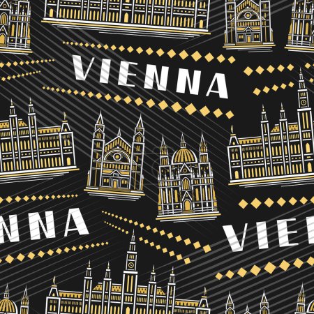Ilustración de Vector Vienna Seamless Pattern, square repeat background with illustration of historic vienna city scape on dark background for wrapping paper, decorative line art urban poster with white text vienna - Imagen libre de derechos