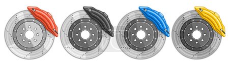 Illustration for Vector Disc Brakes Set, horizontal decorative banner with collection of cut out illustrations four brake discs in a row, 4 brake system with colorful caliper assembly on white background - Royalty Free Image