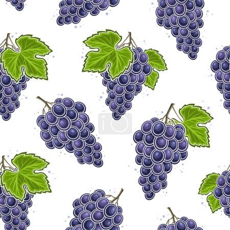 Illustration for Vector Grapes Seamless Pattern, square repeating background with cut out illustration of ripe grape bunches with green leaves for wrapping paper, group of flat lay black grape fruits for home interior - Royalty Free Image