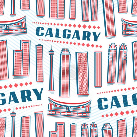 Vector Calgary Seamless Pattern, motif carré à répétition avec illustration du paysage moderne de la ville de Calgary sur fond blanc pour le papier d'emballage, affiche urbaine décorative en ligne avec texte calcule