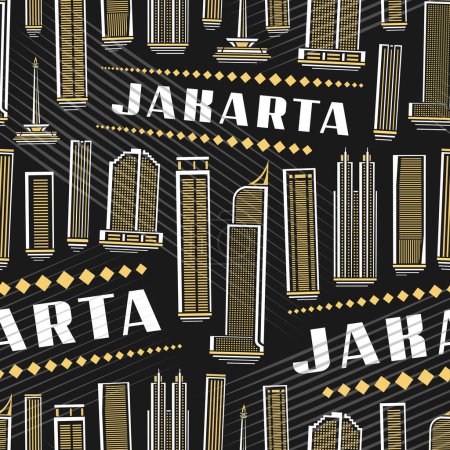 Ilustración de Vector Yakarta Seamless Pattern, fondo cuadrado repetido con ilustración de paisaje asiático de la ciudad de Yakarta sobre fondo oscuro para papel de envolver, línea decorativa arte urbano cartel con texto blanco jakarta - Imagen libre de derechos