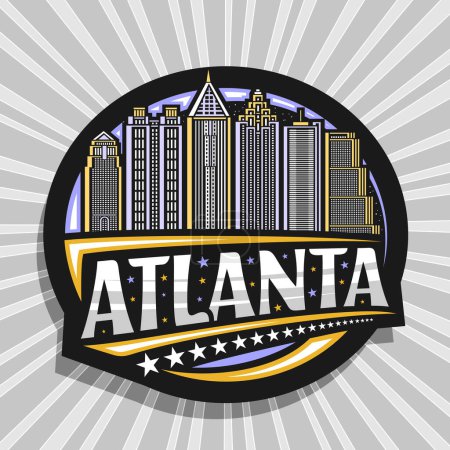 Vector-Logo für Atlanta, schwarzes Dekoretikett mit Linienabbildung der berühmten modernen atlantischen Stadtlandschaft auf Abendhimmel-Hintergrund, Art Design Kühlschrankmagnet mit einzigartiger Schrift für atlanta Text