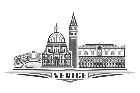 Illustration for Vector illustration of Venice, monochrome horizontal card with linear design venice city scape, european historic line art concept with decorative lettering for black text venice on white background - Royalty Free Image