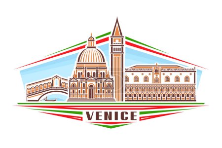 Illustration for Vector illustration of Venice, horizontal badge with simple linear design famous venice city scape on day sky background, european historical line art concept with decorative lettering for text venice - Royalty Free Image
