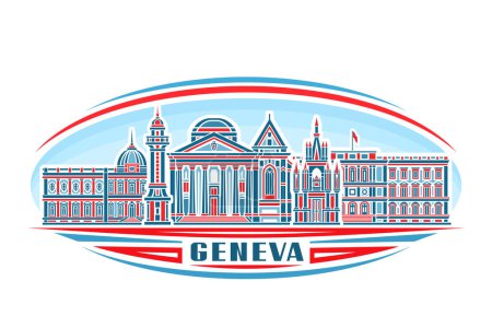 Illustration for Vector illustration of Geneva, horizontal sign with linear design famous historic geneva city scape on day sky background, european urban line art concept with decorative letters for blue text geneva - Royalty Free Image
