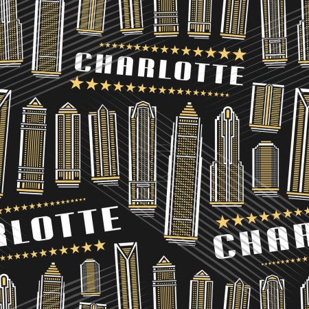 Illustration for Vector Charlotte Seamless Pattern, repeat background with illustration of famous charlotte city scape on dark background for wrapping paper, decorative line art urban poster with white text charlotte - Royalty Free Image