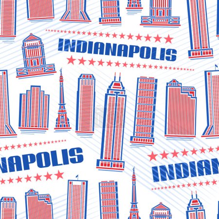 Illustration for Vector Indianapolis Seamless Pattern, repeating background with illustration of red indianapolis city scape on white background for wrapping paper, line art urban poster with blue text indianapolis - Royalty Free Image