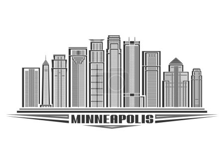 Vektorillustration von Minneapolis, horizontales Schild mit linearem Design Minneapolis Stadtlandschaft, amerikanisches Urban Line Art Konzept mit dekorativen Buchstaben für schwarzen Text Minneapolis auf weißem Hintergrund