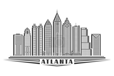 Vektorillustration von Atlanta, monochrome horizontale Karte mit linearem Design atlanta Stadtlandschaft, amerikanisches Urban Line Art Konzept mit dekorativem Schriftzug für schwarzen Text atlanta auf weißem Hintergrund