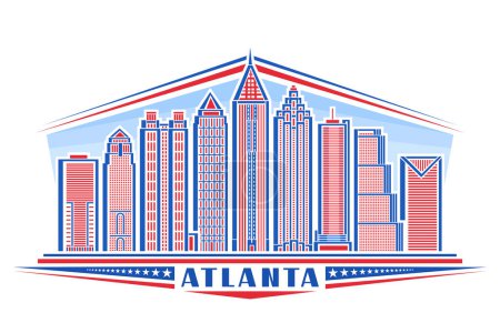 Illustration for Vector illustration of Atlanta, horizontal badge with linear design famous georgian atlanta city scape on day sky background, red urban line art concept with decorative lettering for blue text atlanta - Royalty Free Image