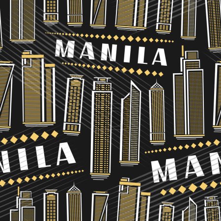 Ilustración de Vector Manila Seamless Pattern, fondo repetitivo cuadrado con ilustración del famoso paisaje de la ciudad de manila sobre fondo oscuro para papel de envolver, línea decorativa arte urbano cartel con manila de texto blanco - Imagen libre de derechos