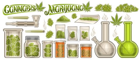 Illustration for Vector Cannabis Set, lot collection of cut out illustrations glass jars with medicinal recreational cannabis, group of green weed buds in plastic bags, text cannabis and marijuana on white background - Royalty Free Image