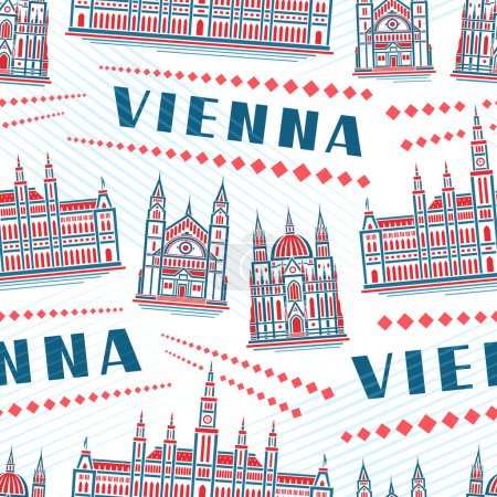 Ilustración de Vector Vienna Seamless Pattern, repitiendo fondo con ilustración de paisaje histórico de la ciudad de Viena europea sobre fondo blanco para papel de envolver, línea decorativa arte urbano cartel con viena de texto - Imagen libre de derechos