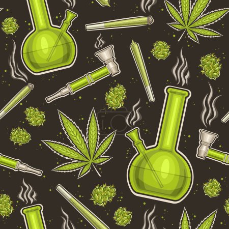 Illustration for Vector Cannabis Seamless Pattern, repeating background with illustrations of set flat lay medicinal cannabis buds, marijuana leaf, weed paper roll, glass cannabis hookah with water for wrapping paper - Royalty Free Image